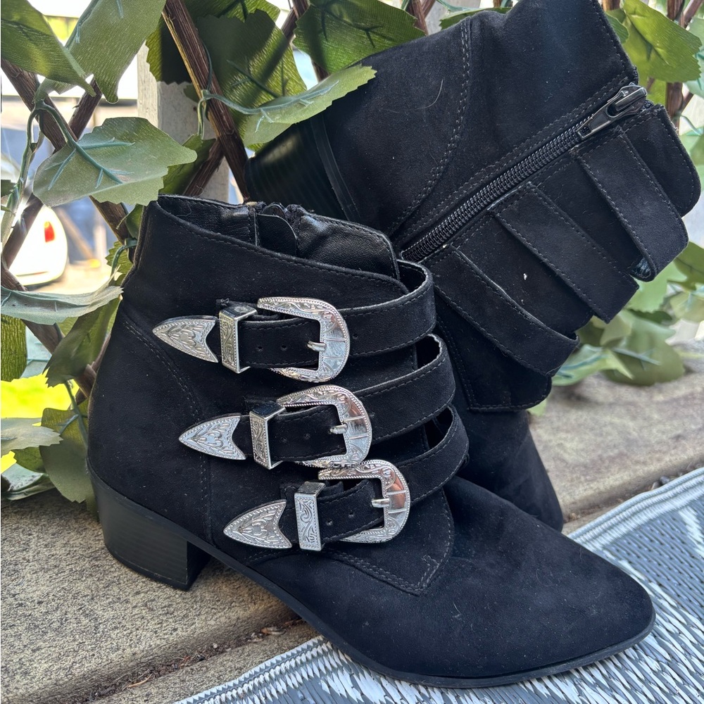 Forever 21 Black Ankle Boots with Triple Buckle